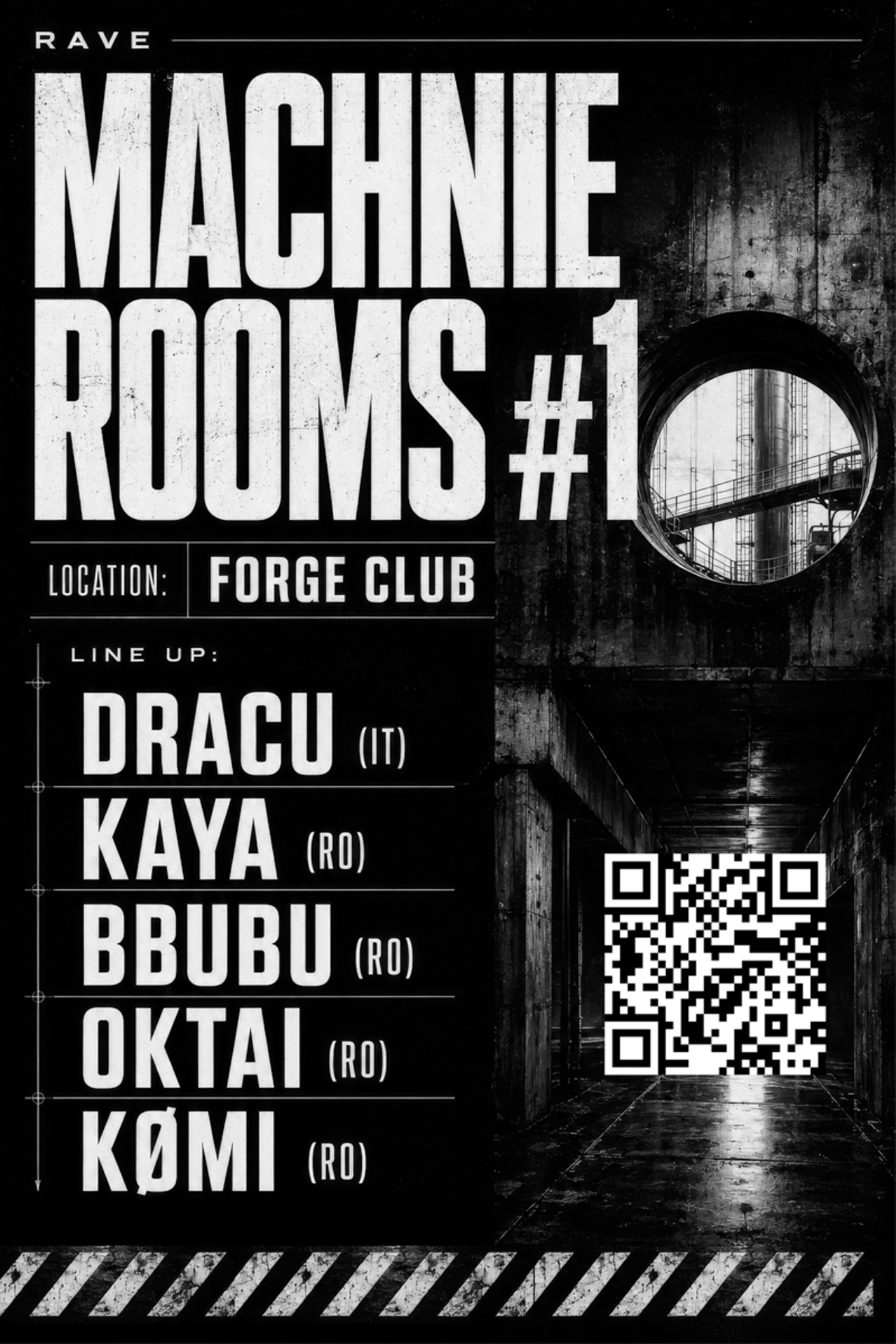 Flyer autoadeziv Machine Rooms pe fundal negru